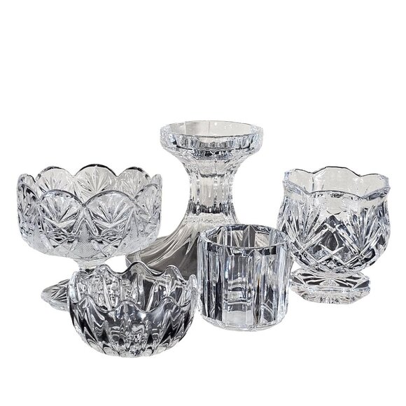 vtg assorted cut crystal candle holders lot/5 votive taper glass holders wedding - Picture 2 of 9